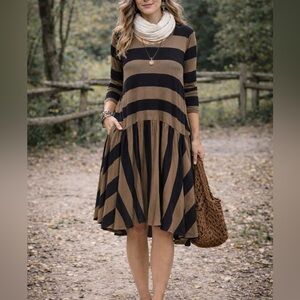 Alembika Tekbika Brown Black Stripe Long Sleeve Lagenlook Midi Dress Pockets 8